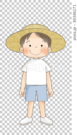 麦わら帽子の男の子 正面全身 のイラスト素材