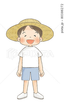 麦わら帽子の男の子 正面全身笑い顔 のイラスト素材