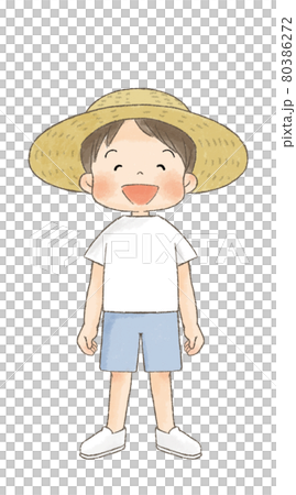 Boy in a straw hat (front whole body laughing face) Boy in a straw hat (front whole body laughing face) 80386272