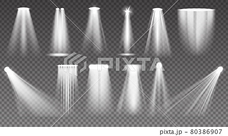 Realistic spotlight. Shiny light ray and stage projector beam. Glow effects. Bright transparent lamp and white sun glitter. Luminous floodlight templates. Vector scene lighting set 80386907