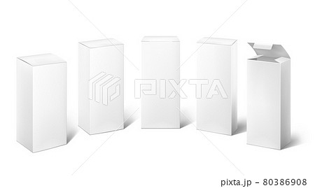 White box. 3D blank realistic cosmetic pack template. Long rectangular and square medical products packaging. Cardboard containers advertising mockup for branding. Vector packages set 80386908