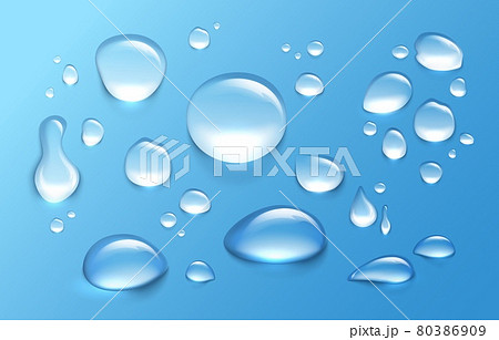 Realistic water drop. Transparent aqua splashes and droplets. Clean and fresh water condensation on surface. Isolated drips templates. Liquid flow. Vector round raindrop with reflection 80386909
