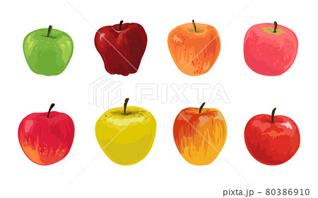 Cartoon apples. Summer red green and yellow sweet ripe fruits from orchard. Healthy organic juicy whole products collection on white. Vegan vitamin nutrition. Vector natural food set 80386910