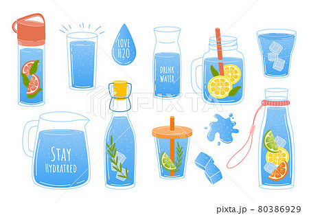 Clean water. Doodle glass and bottle with aqua or lemonade. Recycled plastic containers. Drops and splashes. Soft or carbonated drinks set. Vector beverages with ice and citrus slices 80386929