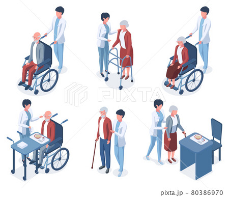 Isometric 3d old people medical help care. Senior people medical therapy, elderly patient nursing vector illustration set. Elderly people care 80386970