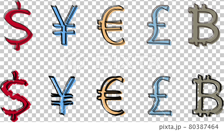 手書き風ドル、円、ユーロ、ポンド、ビットコインのカラフルなベクター