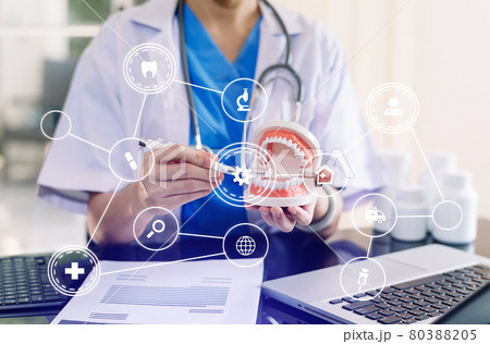 Concentrated dentist sitting at table with jaw samples tooth model and working with tablet and laptop in dental office 80388205