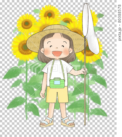 ヒマワリと麦わら帽子の女の子のイラスト素材