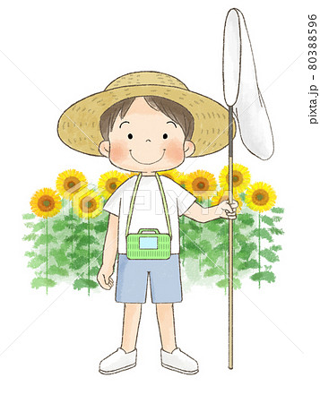 ヒマワリと麦わら帽子の男の子のイラスト素材