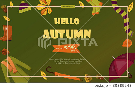 Bright vector autumn sales banner. Advertising, shopping discount promotion. Flat design illustration.Template backgrounds with pupmkin pie, hot spiced tea and colorful seasonal fall leaves 80389243