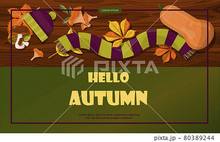 Bright vector autumn sales banner. Advertising, shopping discount promotion. Flat design illustration.Template backgrounds with pupmkin pie, hot spiced tea and colorful seasonal fall leaves 80389244