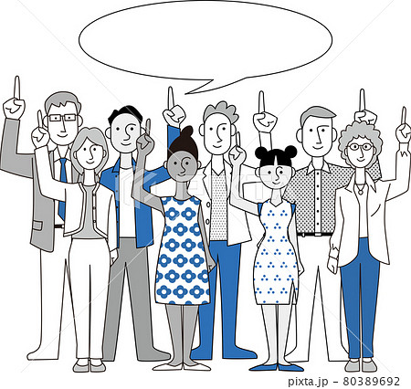 世界各国の男性4人女性4人のグループが吹き出しに指をさしています 80389692