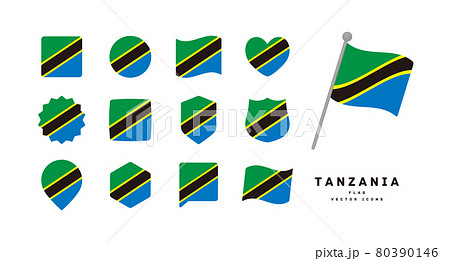 タンザニアの国旗 色々な形のアイコンセット ベクターイラスト