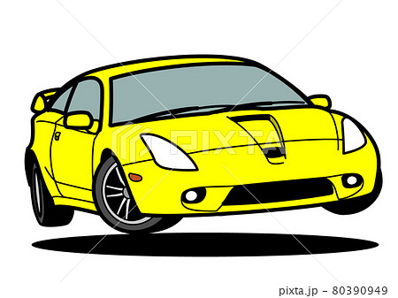国産スポーツカー旧型 黄色 ジャンプ 自動車イラストのイラスト素材