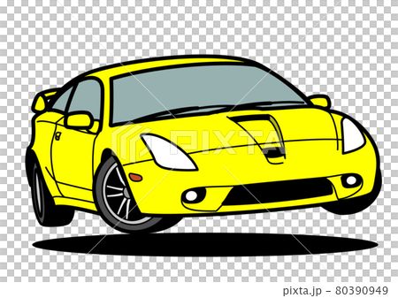 国産スポーツカー旧型　黄色　ジャンプ　自動車イラスト 80390949