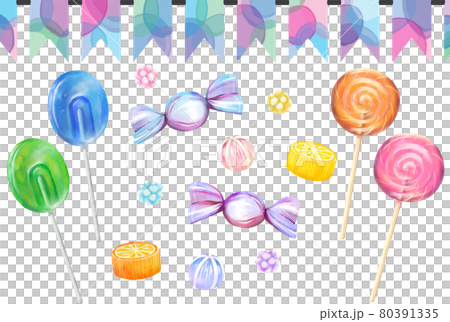 水彩風のポップカラーのキャンディーセット ベクター素材 水彩風のポップカラーのキャンディーセット ベクター素材 80391335