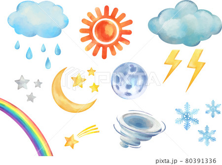 水彩風のポップカラーのお天気セット ベクター素材 水彩風のポップカラーのお天気セット ベクター素材 80391336