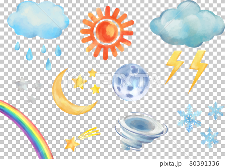 水彩風のポップカラーのお天気セット ベクター素材 水彩風のポップカラーのお天気セット ベクター素材 80391336
