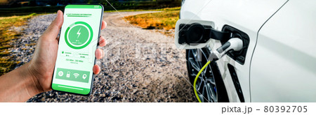 EV charging station for electric car with mobile app display charger status EV charging station for electric car with mobile app display charger status 80392705