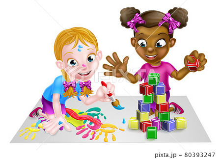 Girls Playing with Paints and Blocks 80393247