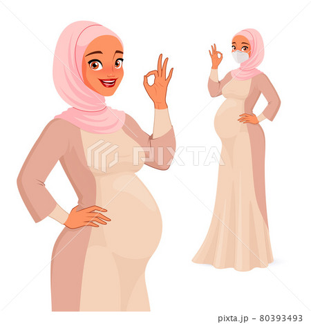 Happy pregnant Muslim woman showing OK. Vector character. 80393493