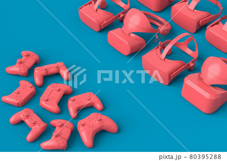Top view virtual reality glasses and controllers for online gaming on white 80395288