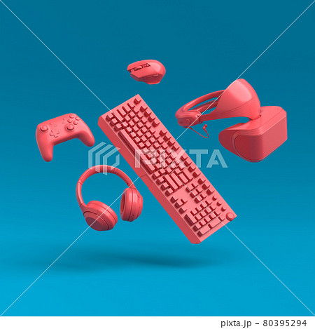 Flying gamer gears like keyboard, joystick, headphones, VR glasses, microphone Flying gamer gears like keyboard, joystick, headphones, VR glasses, microphone 80395294