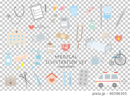 医療にまつわる手描きイラストセット（カラー/輪郭線なし） 80396305