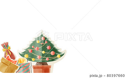 クリスマスプレゼントとクリスマスツリーの手書き水彩風フレームイラストのイラスト素材