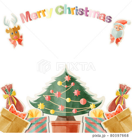 クリスマスプレゼントとクリスマスツリーの手書き水彩風イラストのイラスト素材