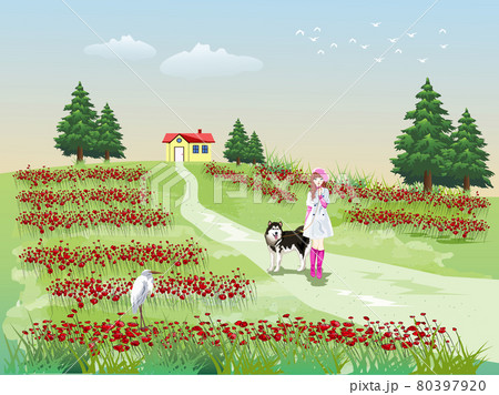 A girl leading a dog on a hillside walkway with green fields and sky in the background. 80397920