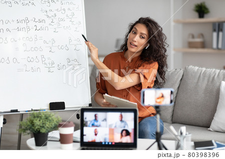 Mathematics teacher showing whiteboard, giving online lecture to students Mathematics teacher showing whiteboard, giving online lecture to students 80398396