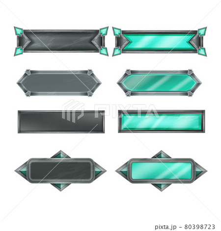 Metal game button vector UI set, green frame interface kit, stone medieval epic graphic web icon  80398723