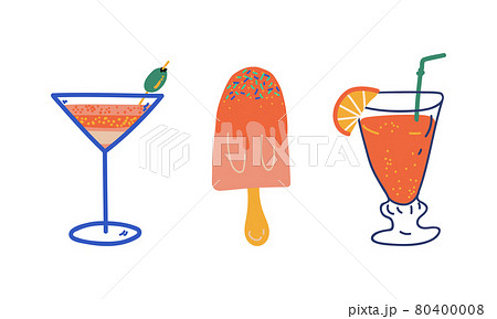 Summer Holiday and Beach Resort Symbols with Refreshing Cocktail and Ice Cream Vector Set 80400008