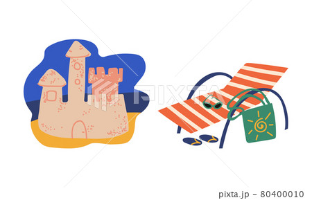 Summer Holiday and Beach Resort Symbols with Sun Lounger and Sand Castle Vector Set 80400010