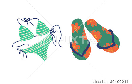 Summer Holiday and Beach Resort Symbols with Flip Flops and Swimsuit Vector Set 80400011