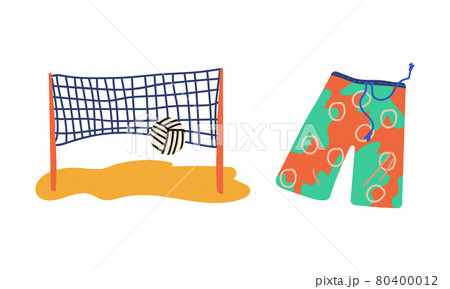 Summer Holiday and Beach Resort Symbols with Volleyball Net and Shorts Vector Set 80400012