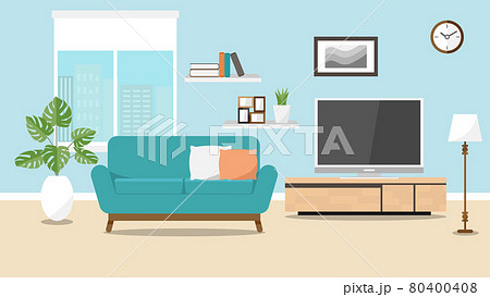 マンションのリビングのインテリアセットのイラスト素材