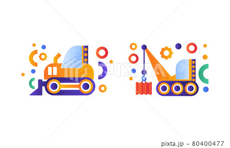 Heavy Industrial Machinery Set, Hydraulic Crawler Crane, Bulldozer Flat Vector Illustratio Heavy Industrial Machinery Set, Hydraulic Crawler Crane, Bulldozer Flat Vector Illustratio 80400477