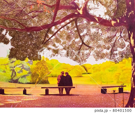 公園のベンチに座る仲の良い老夫婦の素敵な風景の水彩画のイラスト素材