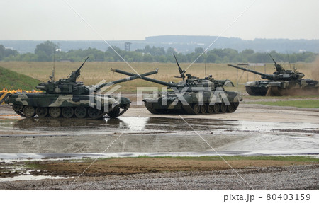 Aerodrom in Zhukovsky, Moscow Region, Russia, July 3, 2010: IV International Salon of weapons and military equipment. Modern engineering and the military machine of the Armed Forces of Russia. T-90 is 80403159