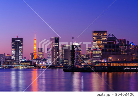 東京 豊洲ぐるり公園から望む 晴海客船ターミナルと東京タワーの夕景 80403406