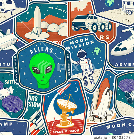 Set of space mission colorful seamless pattern with space rocket alien, mars city, camper van on the moon and earth silhouette. Vector. Background, wallpaper, seamless pattern with patches Set of space mission colorful seamless pattern with space rocket alien, mars city, camper van on the moon and earth silhouette. Vector. Background, wallpaper, seamless pattern with patches 80403578