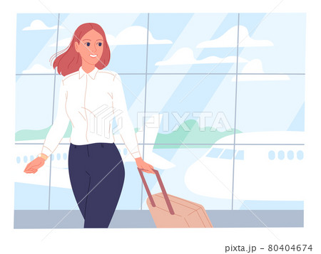 Young woman with a suitcase at the airport against the background of the takeoff field 80404674
