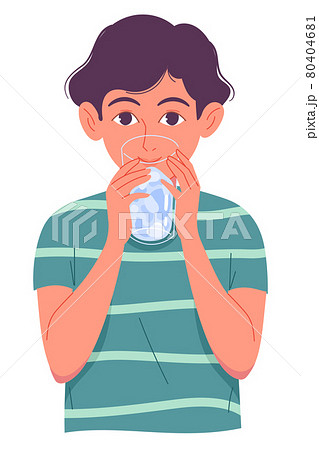 Cute little boy drinking water from glass on white background. 80404681