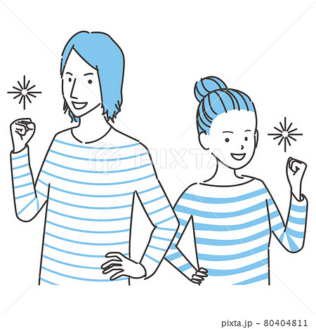 手書き線画カラーイラスト ボーダーの服 ガッツポーズ男女のイラスト素材