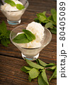 Glass bowl with delicious ice cream and mint leaves. 80405089