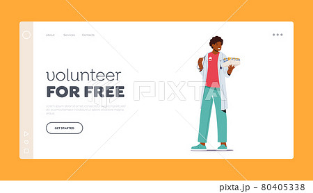 Medical Volunteering Landing Page Template. Volunteer Doctor Male Character Holding Medicine for Diseased People Medical Volunteering Landing Page Template. Volunteer Doctor Male Character Holding Medicine for Diseased People 80405338