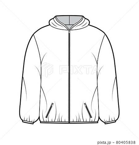 Puffer coat jacket technical fashion illustration with long sleeves, hoody collar, pockets, boxy fit, hip length 80405838