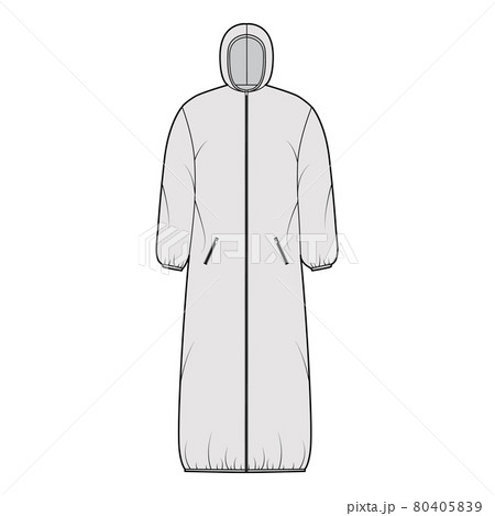 Hooded padded shell coat jacket puffer technical fashion illustration with long sleeves, maxi length, zip-up closure Hooded padded shell coat jacket puffer technical fashion illustration with long sleeves, maxi length, zip-up closure 80405839